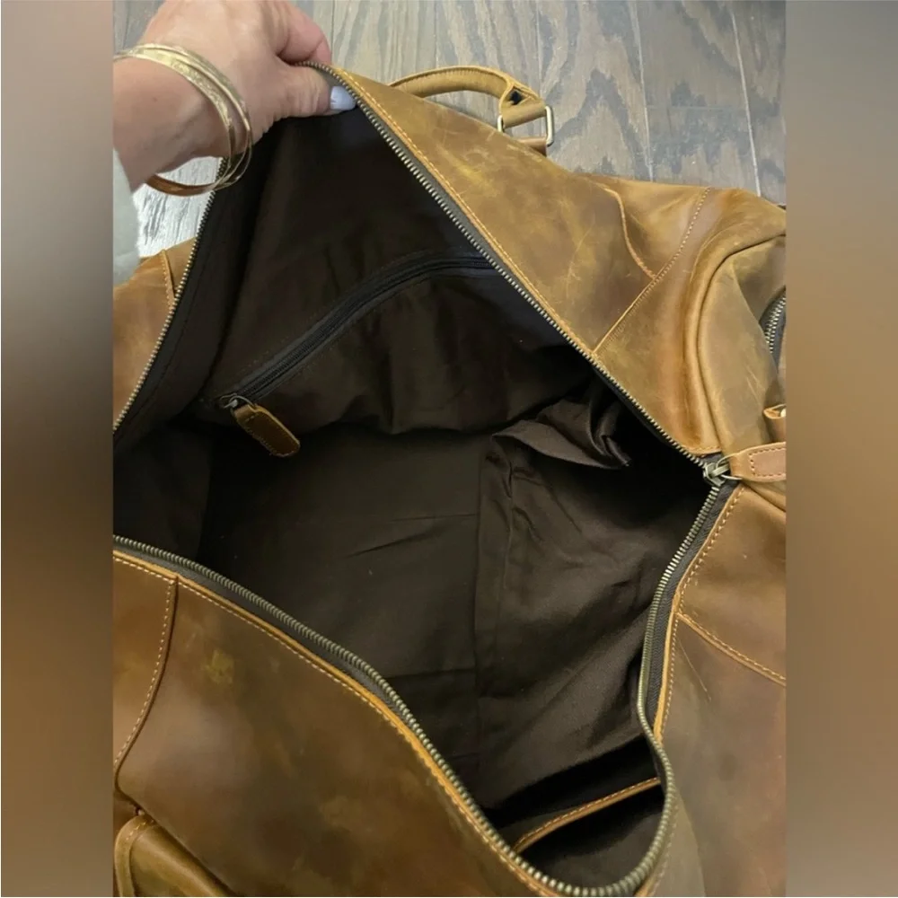 COGNAC LEATHER WEEKEND TRAVEL DUFFLE BAG LARGE